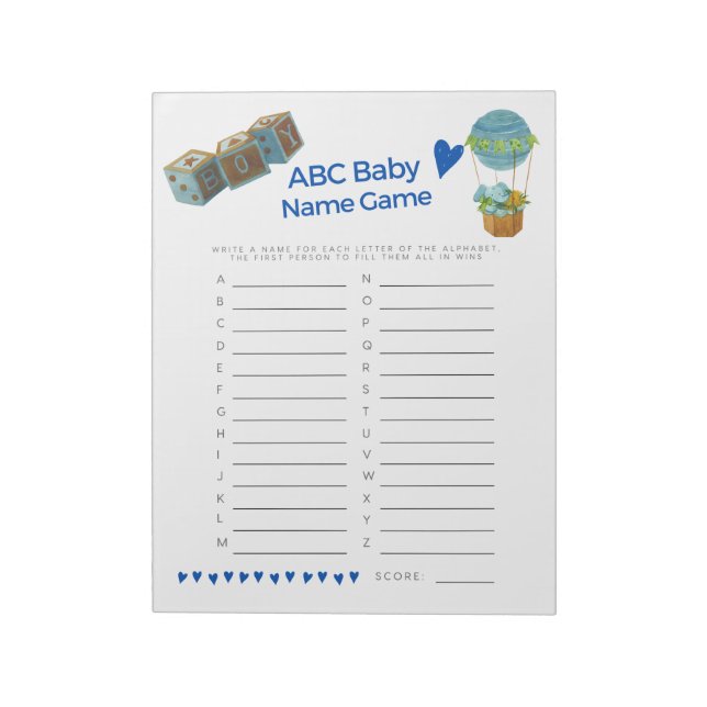 Bloco De Notas Chá de fraldas Baby Name Game Baby Boy Trendy Dive (Invertido)