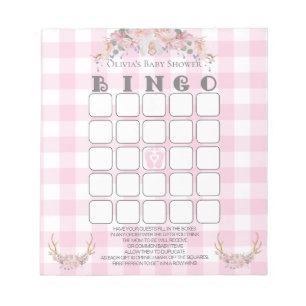 Bloco De Notas Chá de fraldas Bingo BOHO Baby Pink Gingham