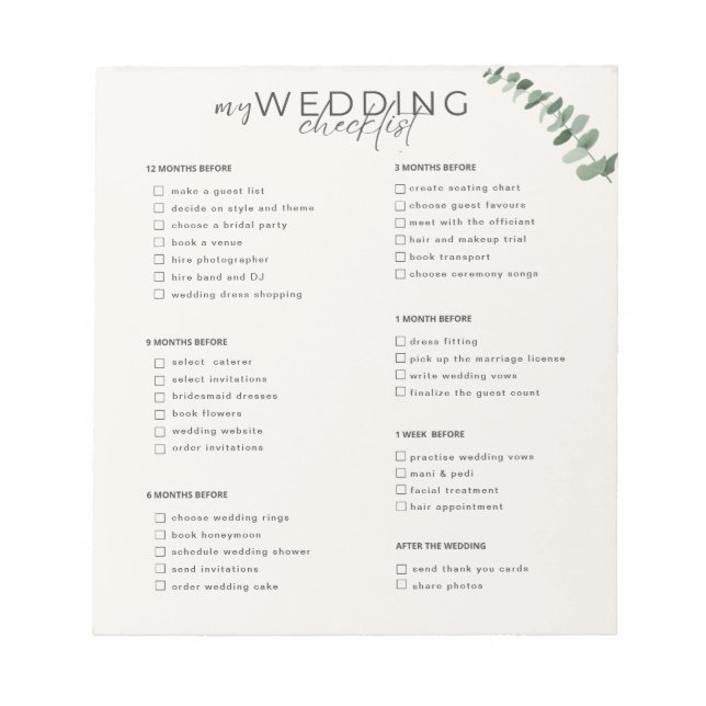 Bloco De Notas Checklist de casamento (Frente)