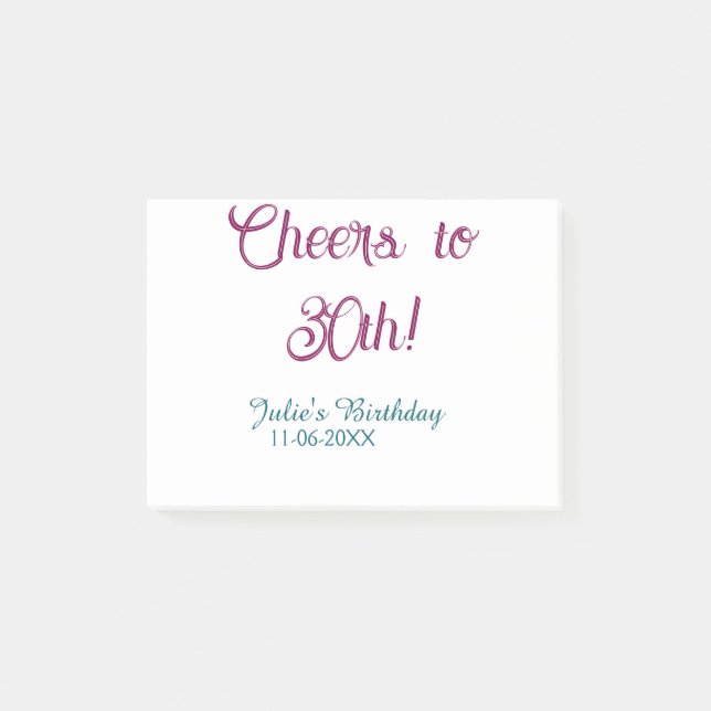 Bloco De Notas Cheers to 30th birthday name date mauve blue elega (Frente)