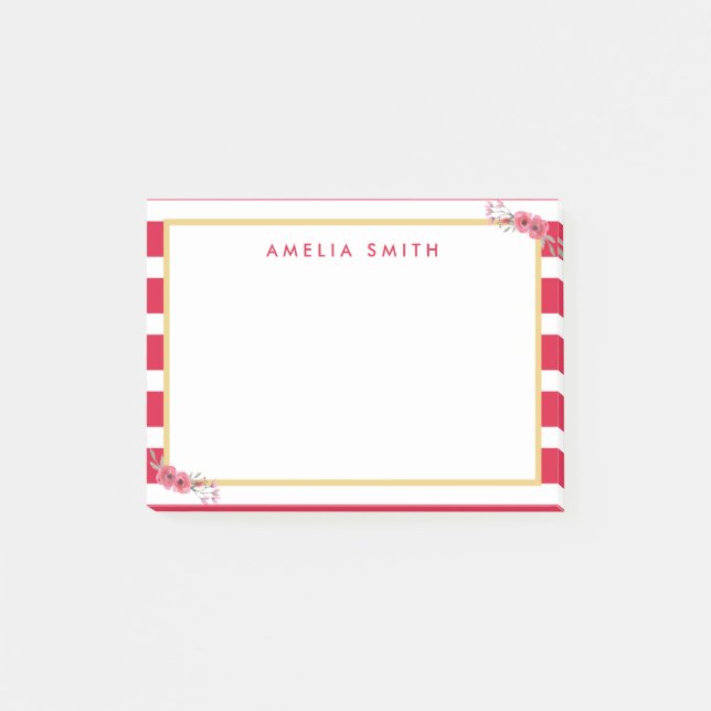 Bloco De Notas Chic Personalizado Nome Rosa Stripes Flores Cor-de (Frente)