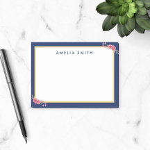 Chic Personalized Name Blue Border Pink Flowers