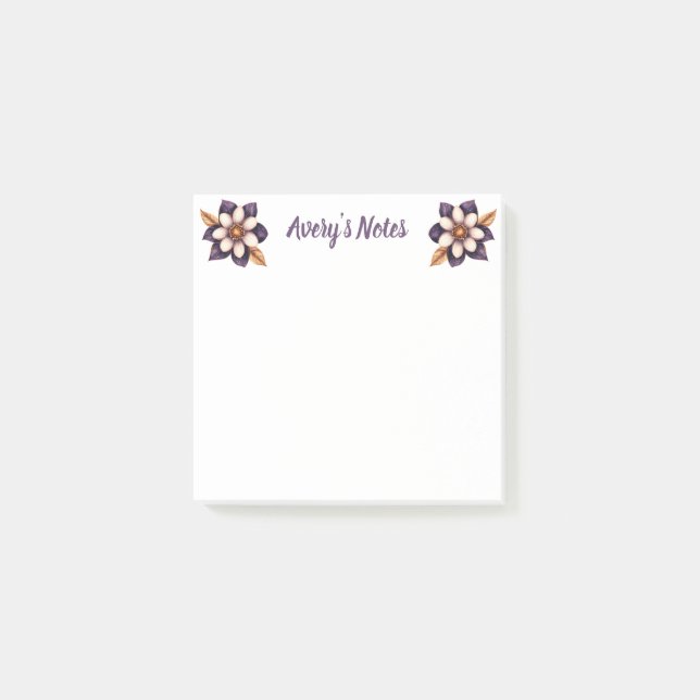 Bloco De Notas Chic Purple Faux Dourado Floral Name (Frente)