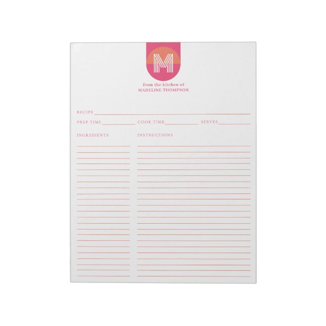 Bloco De Notas Chic Retro Pink Orange Geometric Monogram Recipe (Invertido)