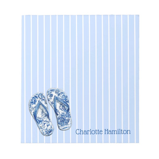 Bloco De Notas Chinelos Azul e Branco de Chinoiserie em Listras (Frente)