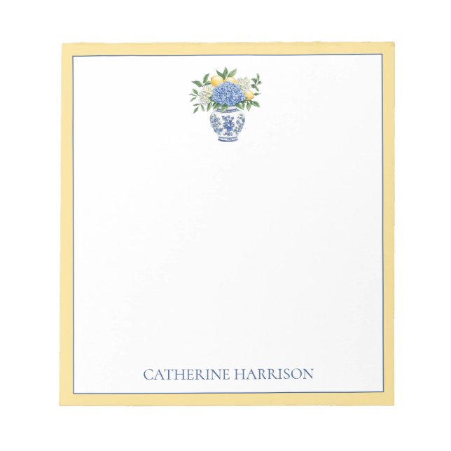 Bloco De Notas Chinoiserie azul e branca com Hydrangeas (Frente)