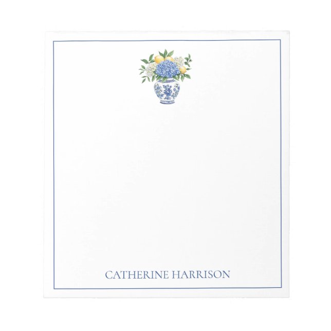 Bloco De Notas Chinoiserie azul e branca com Hydrangeas (Frente)
