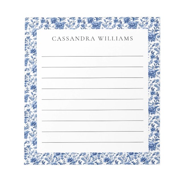 Bloco De Notas Chinoiserie Floral Blue Personalizado Nome Vincula (Frente)