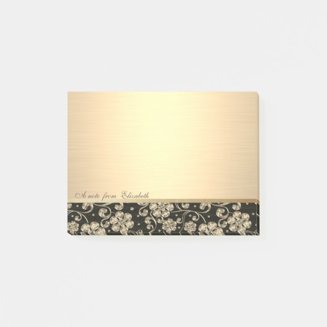 Bloco De Notas Chique Elegante  Feminino com Estilo , Flores Dour (Frente)
