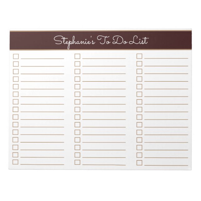 Bloco De Notas Chocolate Brown 8.5x11 Three Column Checklist (Frente)
