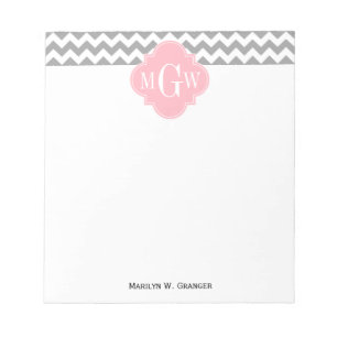 Bloco De Notas Cinza Branco Chevron Rosa Quatrefoil 3 Monograma