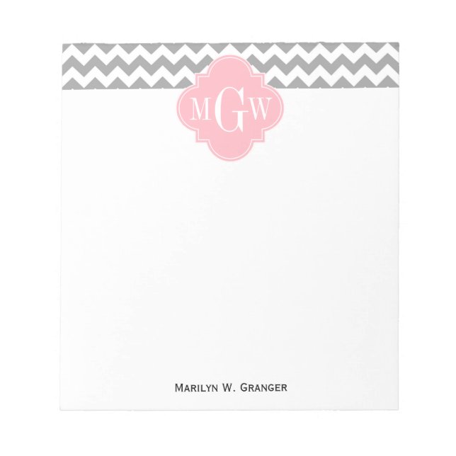 Bloco De Notas Cinza Branco Chevron Rosa Quatrefoil 3 Monograma (Frente)