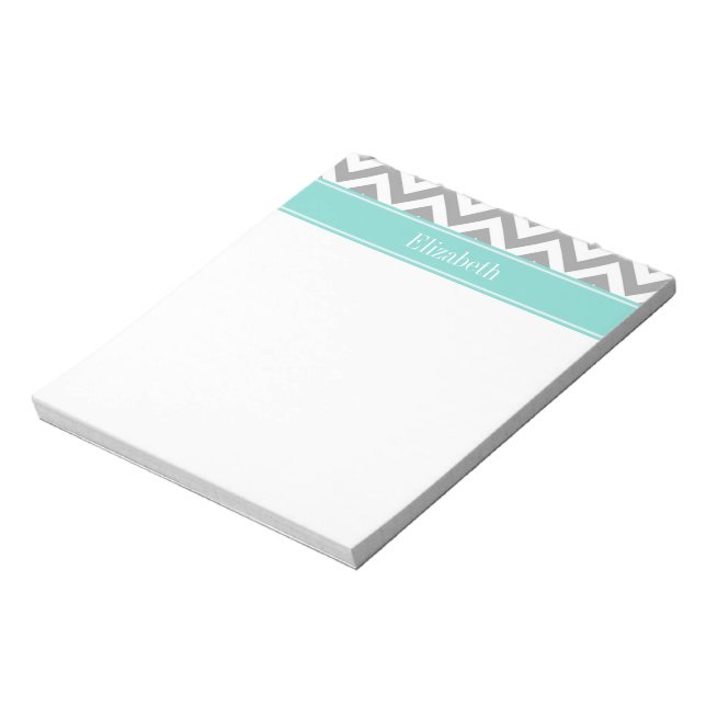 Bloco De Notas Cinza Dk White LG Chevron Turquoise Nome Monograma (Invertido)
