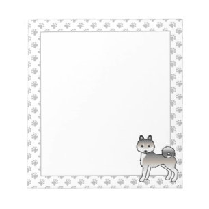 Bloco De Notas Cinza E Cão De Cartoon Branco Klee Kai Cute