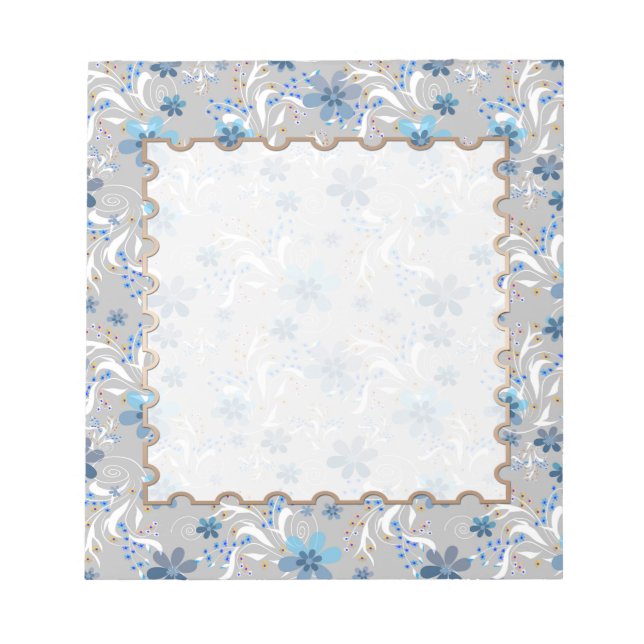 Bloco De Notas Cinza floral, retrô, cinza, azul (Frente)