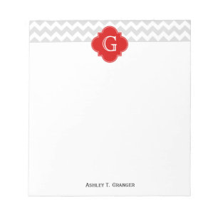 Bloco De Notas Cinza Lt White Chevron Red Quatrefoil Monograma