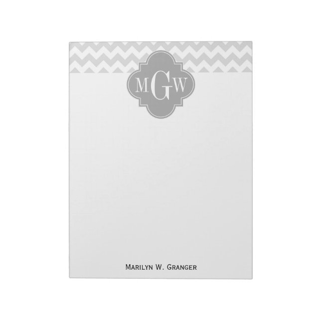 Bloco De Notas Cinza Wht Chevron Quatrefoil 3 Monograma (Invertido)