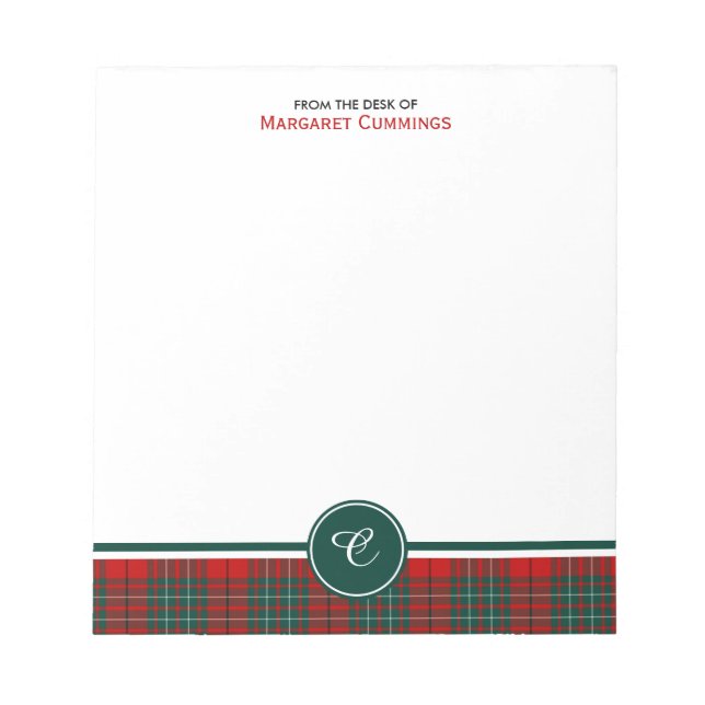 Bloco De Notas Clã Vermelho e Verde Cummings Tartan Monograma (Frente)