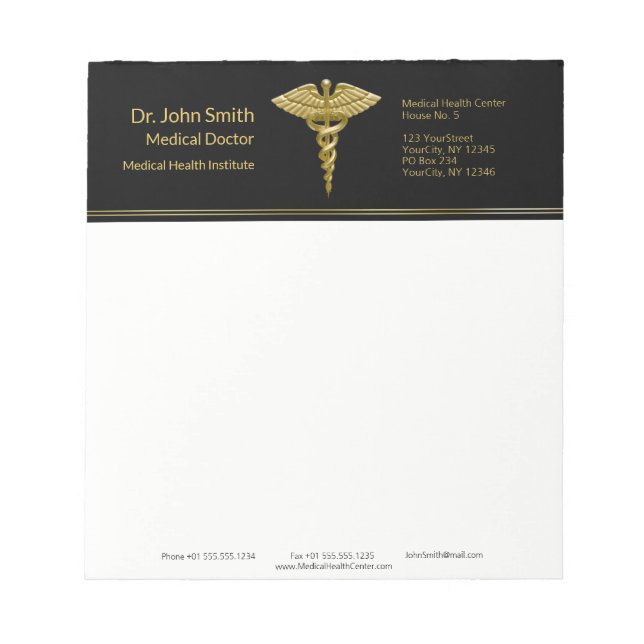 Bloco de Notas Classy Medical Gold Caduceus em Pre (Frente)