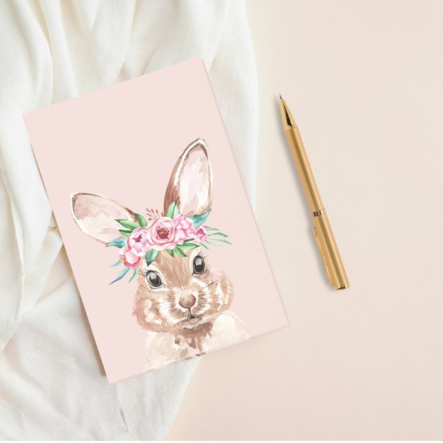 Bloco De Notas Coelho moderno em aquarela rosa pastel com flores (Criador carregado)