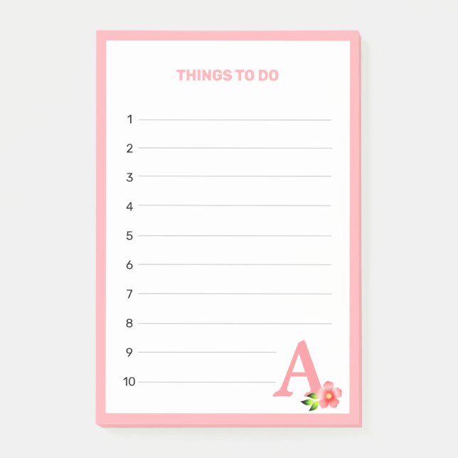 Bloco De Notas Coisas a Fazer com Monograma Rosa e Flor (Frente)