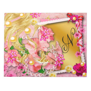 Bloco De Notas Colagem Floral Rosa Colagem Látea Pássaro Dourado,