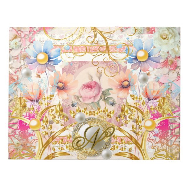 Bloco De Notas Colagem Floral Rosa Fada Ouro Monogramado (Frente)