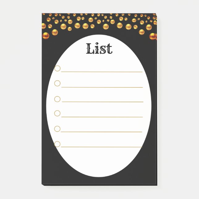 Bloco De Notas Confete Dourado em Notas Post_It Pretas e Brancas (Frente)