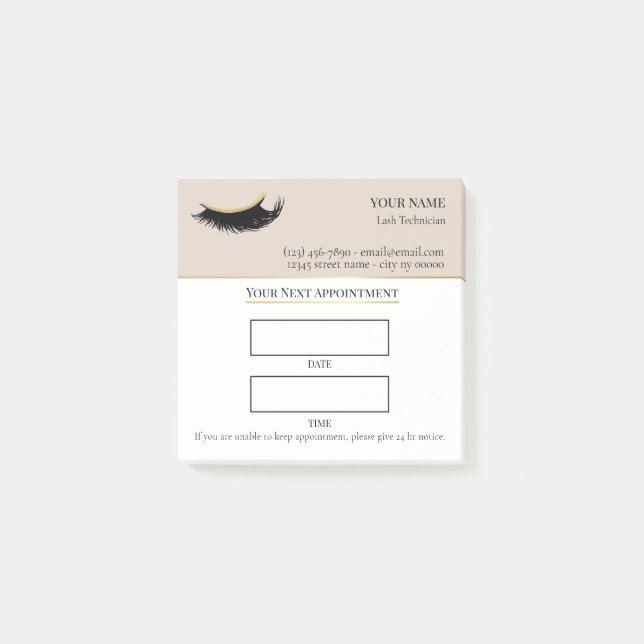 Bloco De Notas Consulta de cílios bege e dourado elegante (Frente)