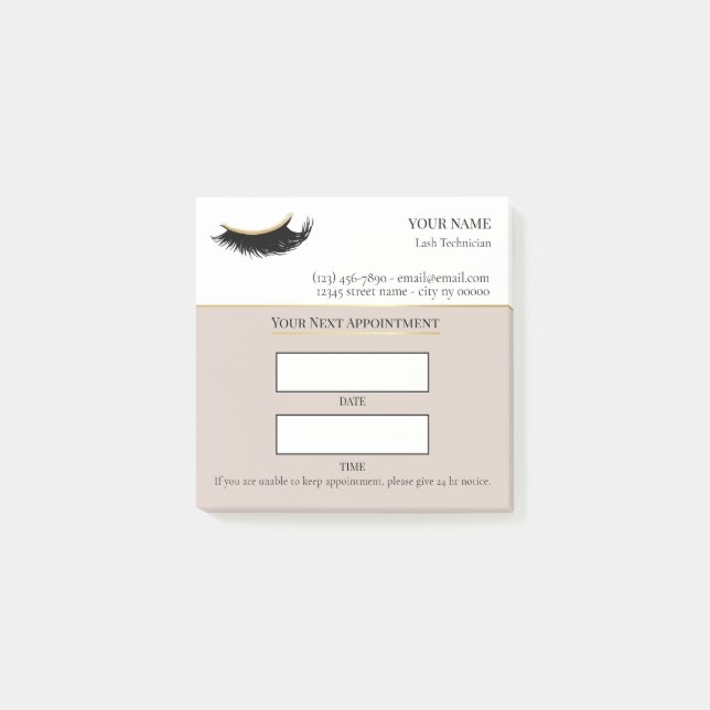 Bloco De Notas Consulta de cílios bege e dourado elegante (Frente)