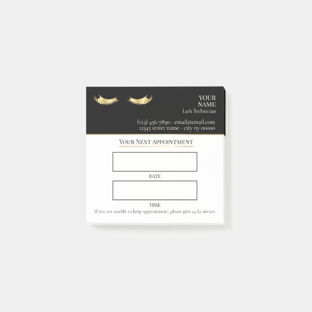 Bloco De Notas Consulta de Cílios elegante preto e dourado (Frente)