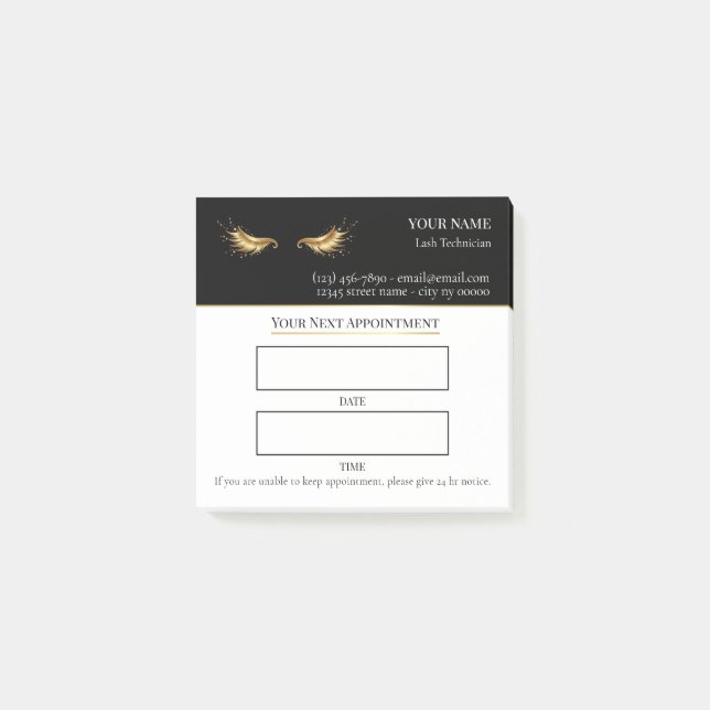 Bloco De Notas Consulta de Cílios elegante preto e dourado (Frente)