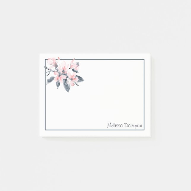 Bloco De Notas Cor d'água da Classe das Flores Rosa e Cinzas (Frente)