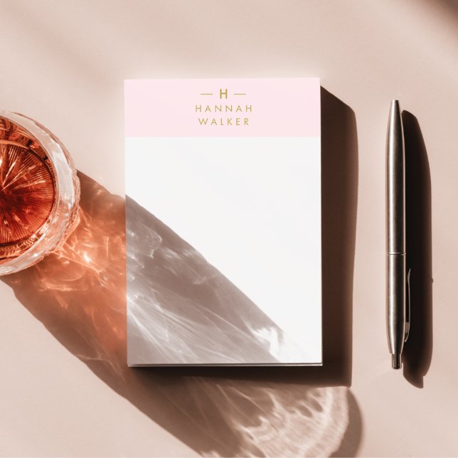 Bloco De Notas Cor-de-rosa-branco monograma | Elegante Dourado Mi (Criador carregado)