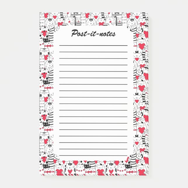 Bloco De Notas Coração Vermelho de Gato Branco Preto (Frente)