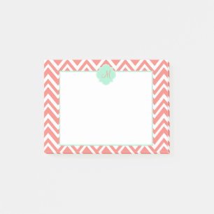 Bloco De Notas Coral do monograma e Chevron branco com verde da