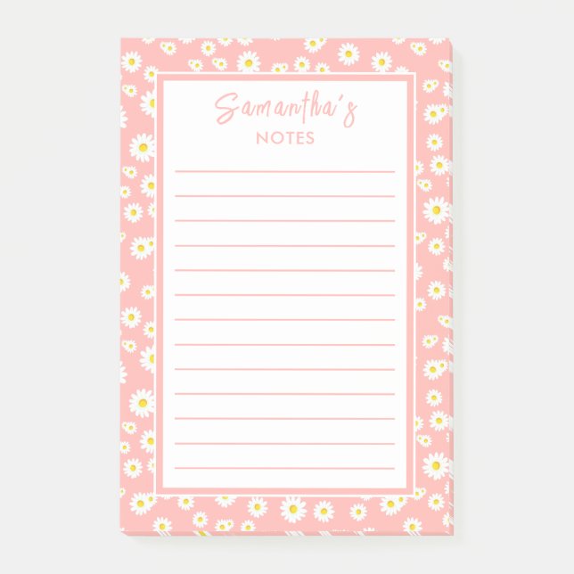 Bloco De Notas Coral Pink Boho Primavera Daisies (Frente)