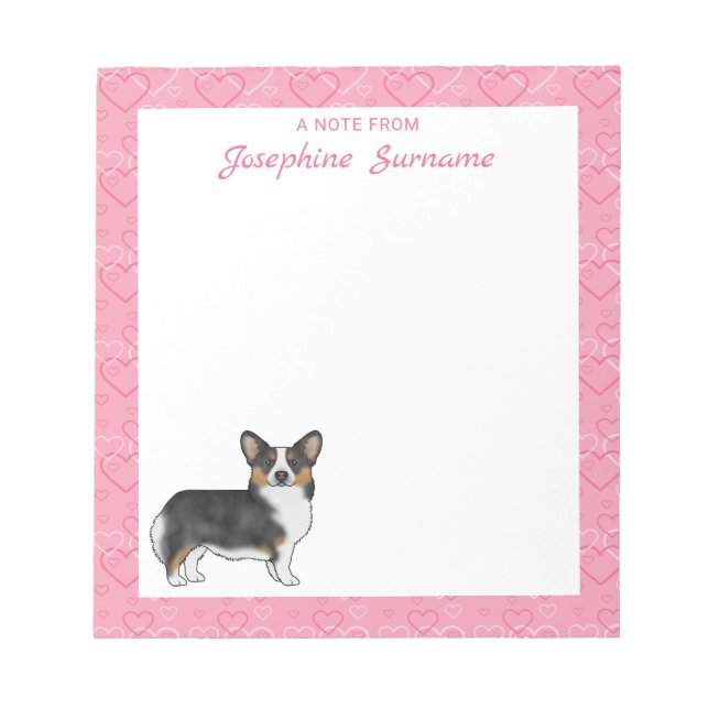 Bloco De Notas Corgi Galês Pembroke Tri Preto Corações Com Nome (Frente)