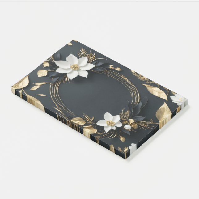Bloco De Notas Coroa Floral de Noiva Preto Branco e Dourado Elega (Inclinado)