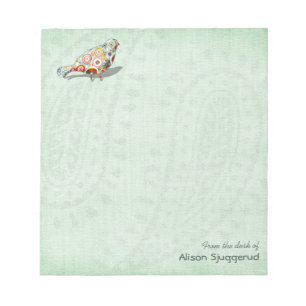 Bloco De Notas Costume verde de Paisley do pássaro lunático