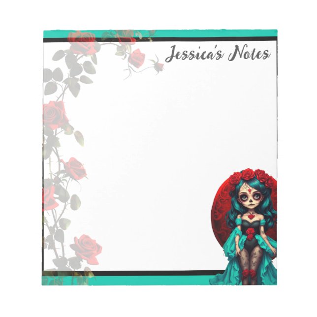 Bloco De Notas Crânios de açúcar de chá e Rosas vermelhas (Frente)