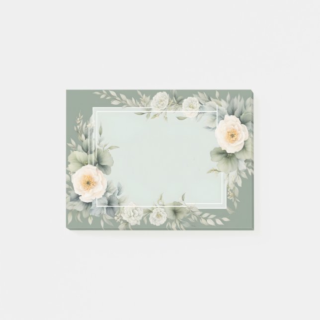 Bloco De Notas Cream Floral White Frame Sage Fundo Verde (Frente)