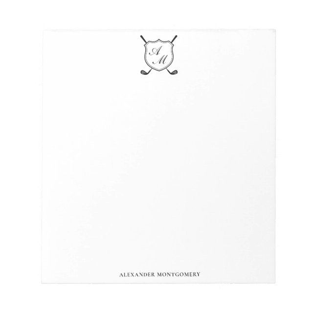 Bloco De Notas Crest Monograma Preto Elegante de Golfe (Frente)