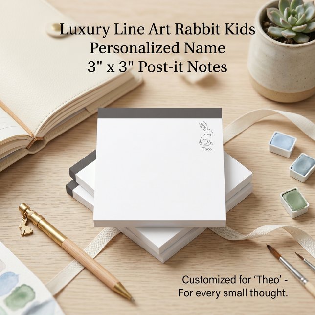 Bloco De Notas Crianças personalizadas 3x3 | Arte linear minimali (Quiet Luxury Rabbit Line Art Kids Personalized Post-it Notes 3x3 | Custom Name Back to School  )