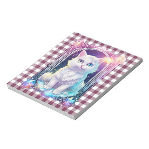 Bloco De Notas Cristal Gatinho Branco de Xadrez Preta e Roxo
