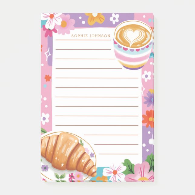 Bloco De Notas Croissant de Café Bonito Flores Roxas Floral Femin (Frente)