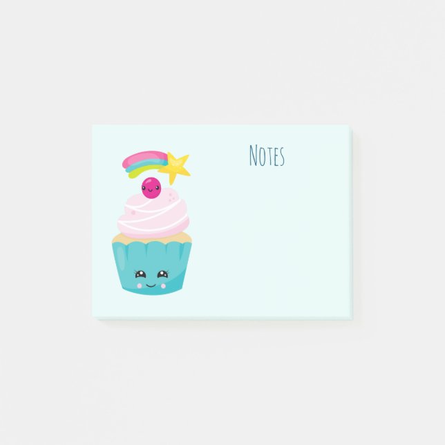 Bloco De Notas Cupcake azul-bonito com a face Kawaii (Frente)