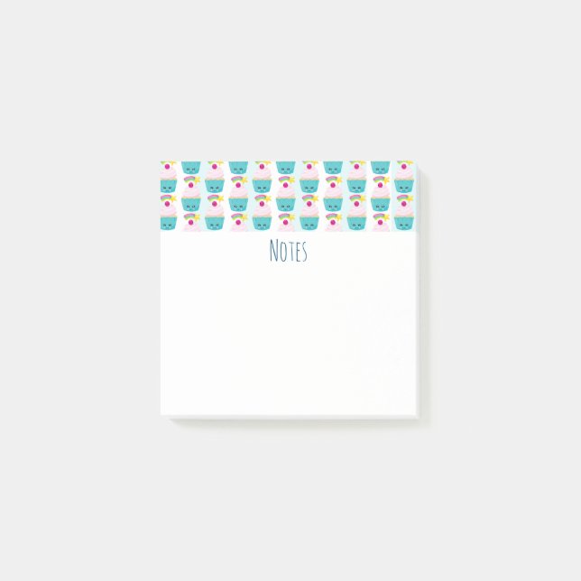 Bloco De Notas Cupcake azul bonito com padrão facial Kawaii (Frente)
