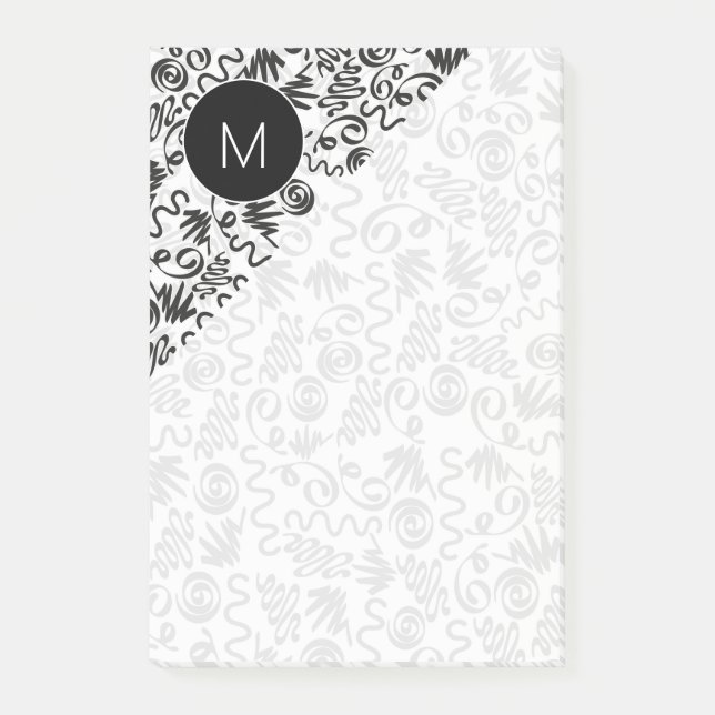 Bloco De Notas Curls de Doodle Monogramados Preto e Branco (Frente)