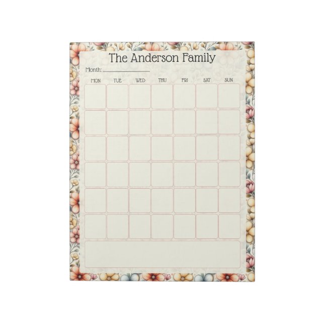 Bloco De Notas Custom Blush Floral Monthly Calendar Notepad (Invertido)